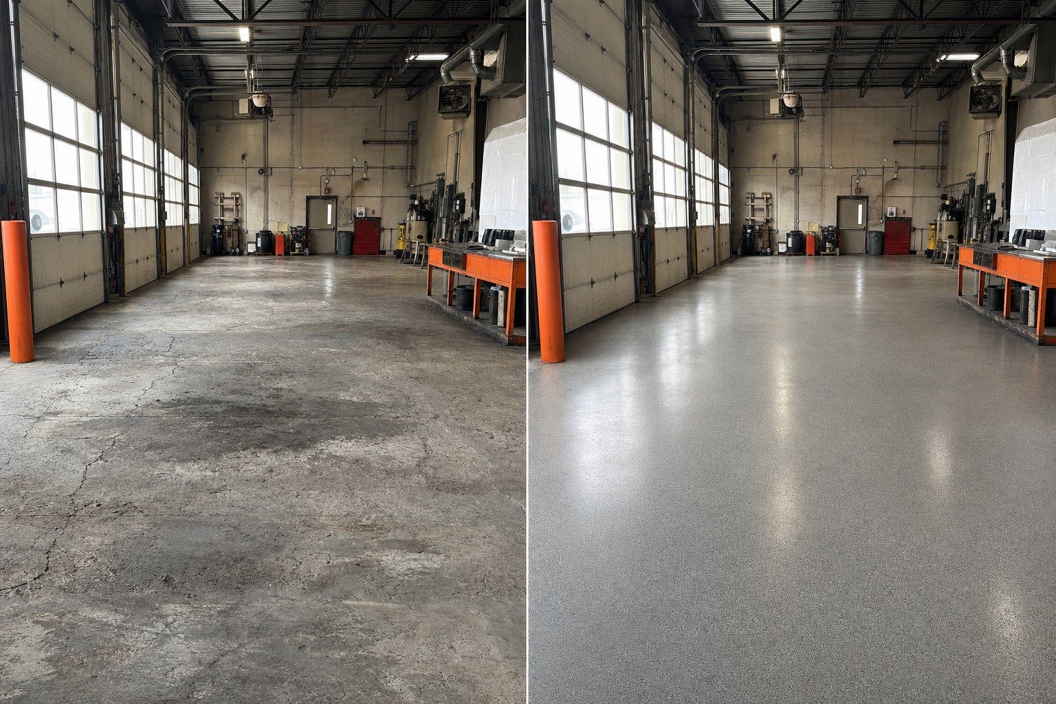 Garage / shop floor before and after a tear-out and replacement pour