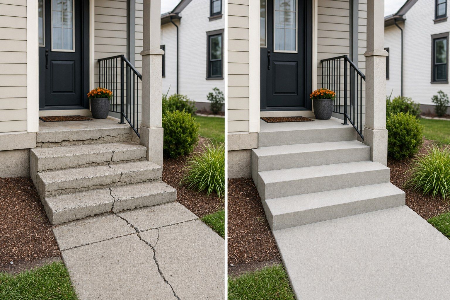 Front entry steps and walkway, before and after a full replacement